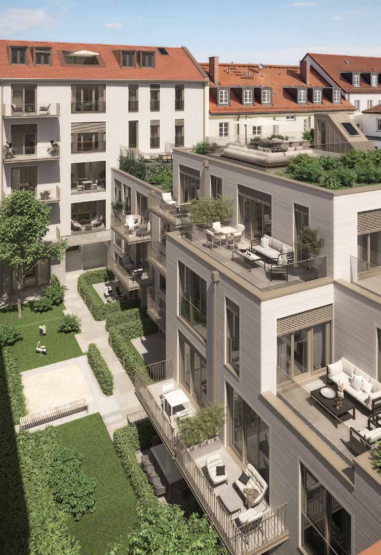 Begrünter Innenhof mit Penthouse-Maisonettes und Dachterrassen