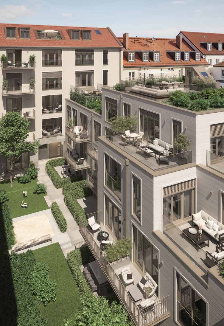 Begrünter Innenhof mit Penthouse-Maisonettes und Dachterrassen
