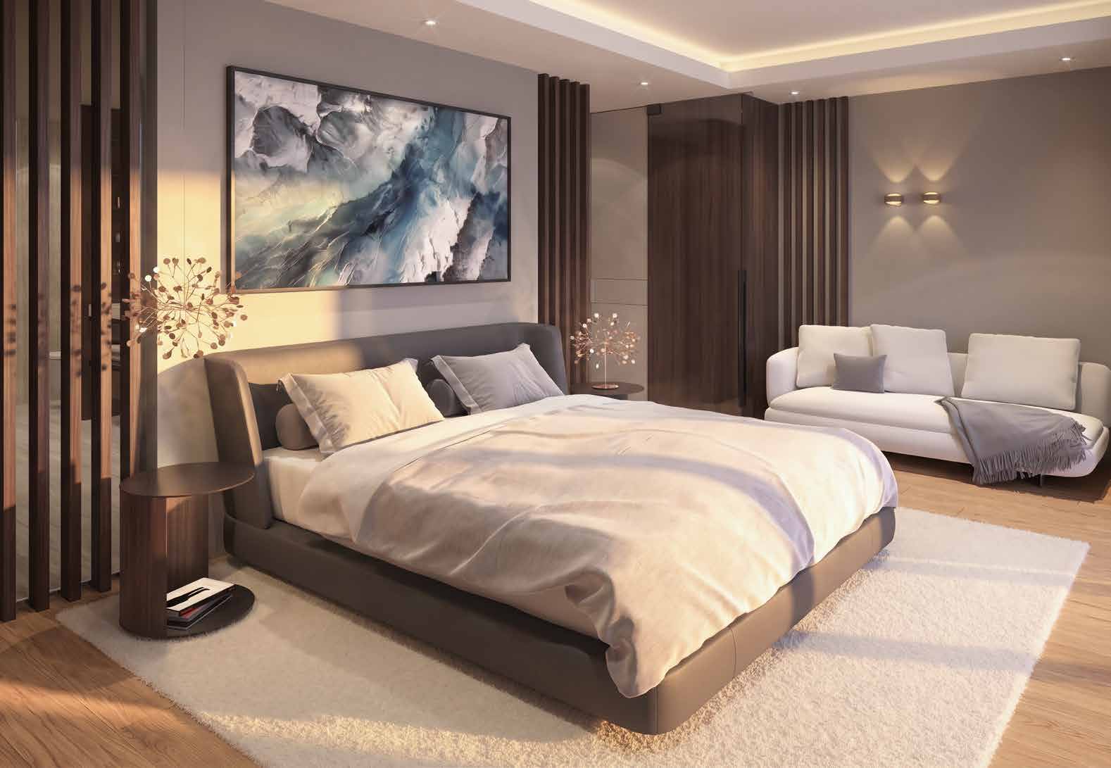 Schlafzimmer mit Sofa, Holzlamellen und großformatigem Kunstwerk
