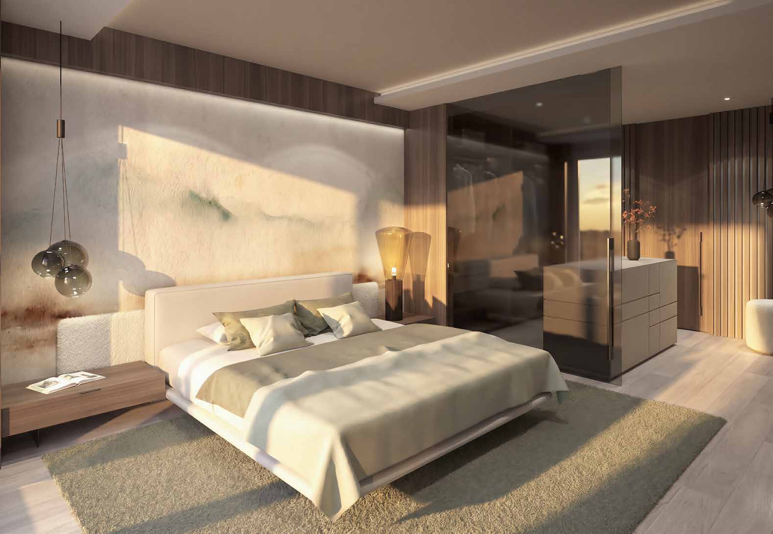 Schlafzimmer mit Ankleide hinter Glas, Holzoberflächen und warmer Beleuchtung
