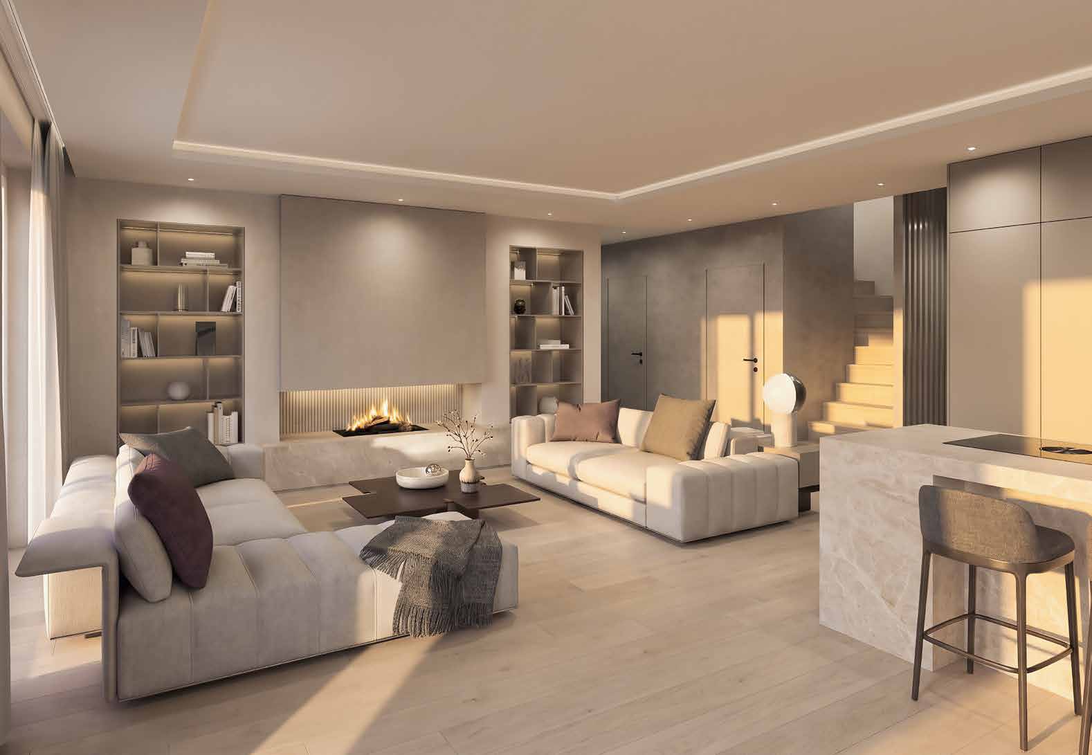 Penthouse-Maisonette mit Kamin, offener Küche und Treppe zur oberen Ebene