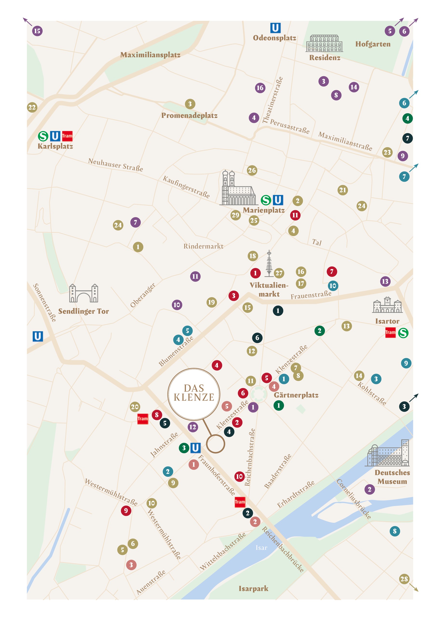 Karte des Gärtnerplatzviertels mit DAS KLENZE, Gärtnerplatz, Viktualienmarkt, Marienplatz, Isartor und Deutschem Museum